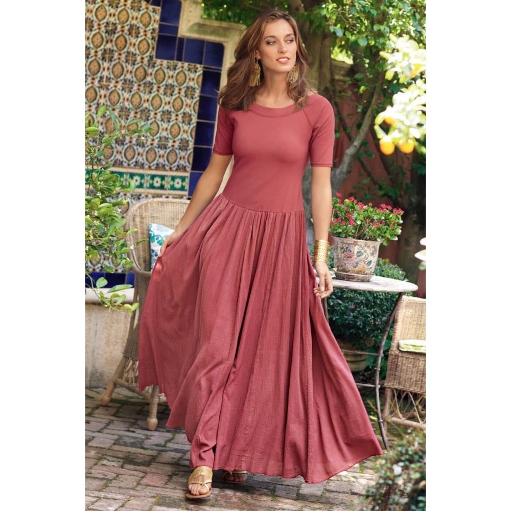 Soft Surroundings Mixed Media Elbow Sleeve Maxi Dress Womens 1X Canyon Clay Pink